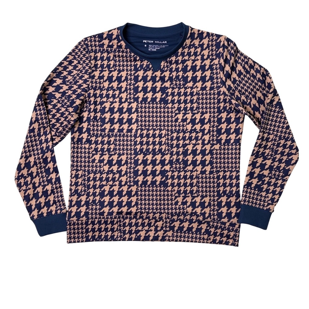 Peter Millar Womens S Houndstooth Performance Pullover Navy Tan UPF 50+ Golf